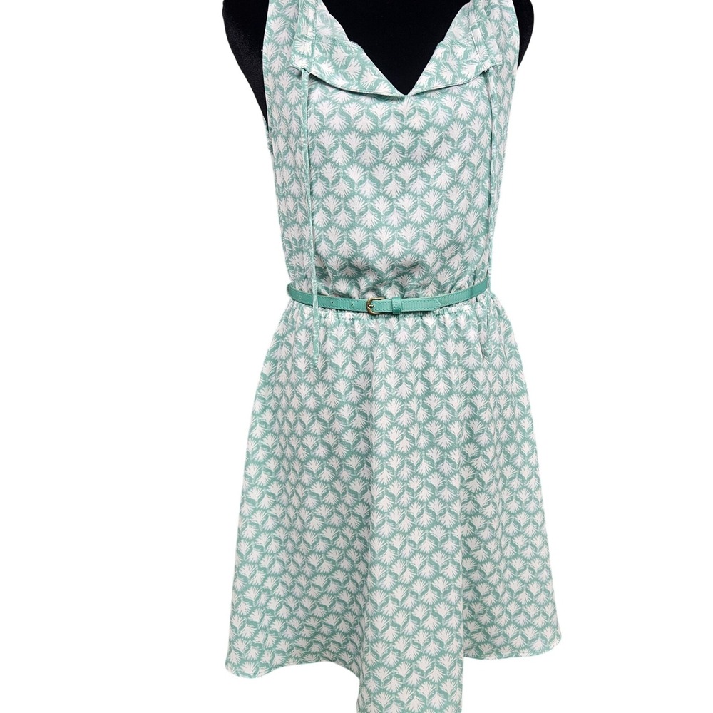 LC Lauren Conrad Womens XS Mint Green Palm Print Sleeveless Belted Flare Dress